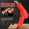 Red plug and play tool for time-saving welding and repair, showing a gold tube being inserted.