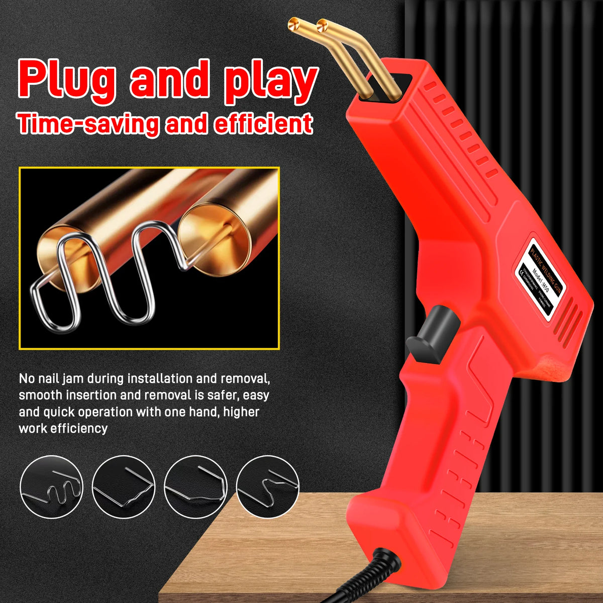 Red plug and play tool for time-saving welding and repair, showing a gold tube being inserted.