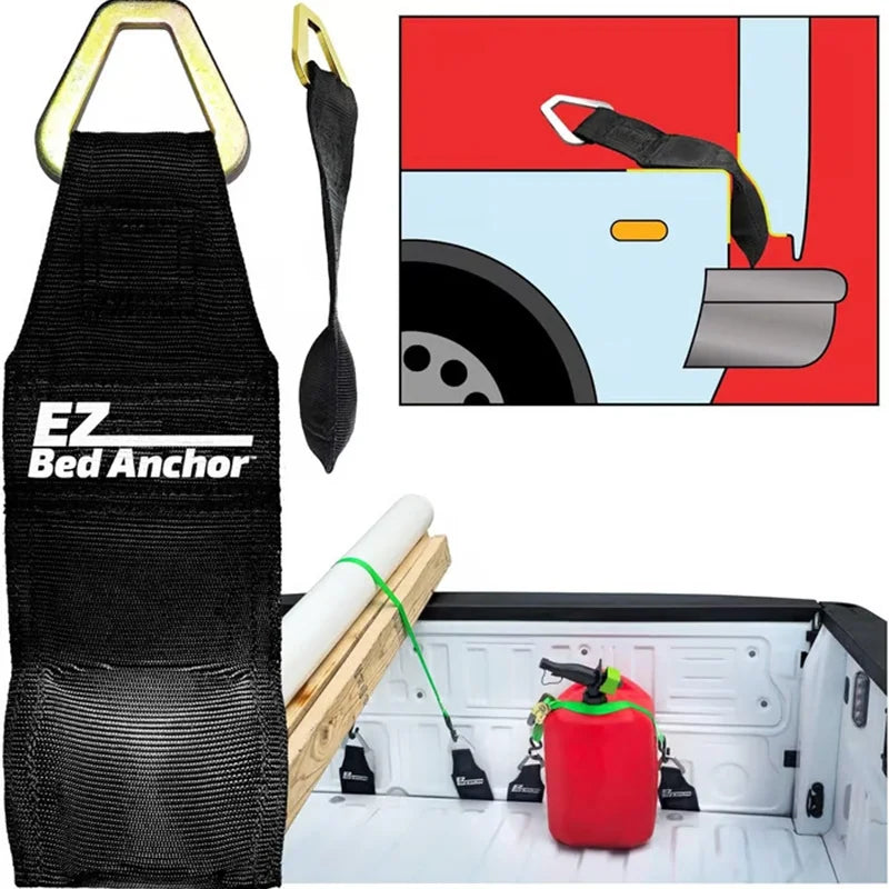 A black heavy-duty bed anchor product shown with its components and installation context in a truck tailgate.