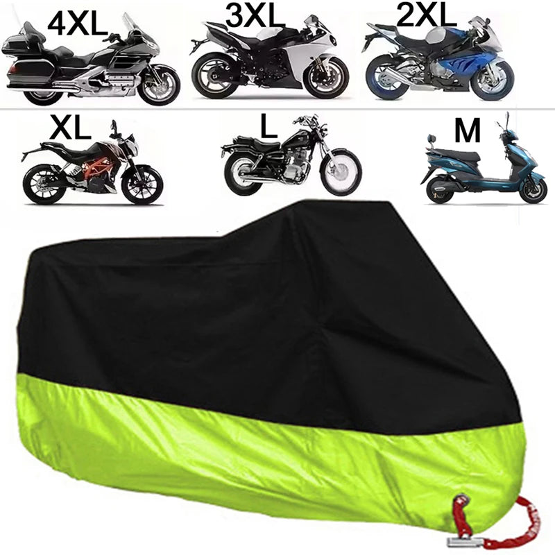 A black and lime green motorcycle cover with various sized motorcycle covers displayed above it.