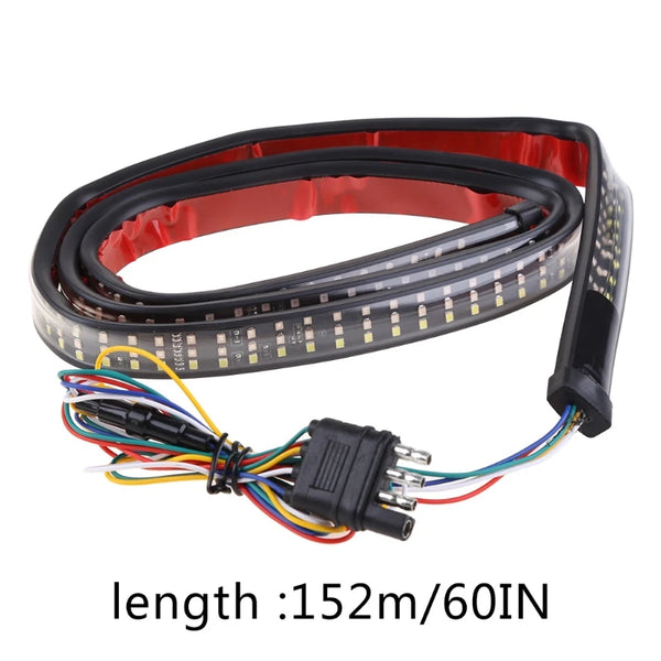 Black and red LED tail light bar with wiring harness for pickup trucks