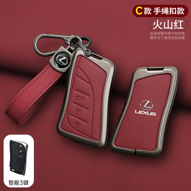 A red Lexus car key cover shell is shown with a strap and a separate key, displayed on a maroon background.