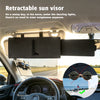 Schwarzer ausziehbarer Sonnenschutz-Verlängerer, montiert im Auto, neben Sonnenbrille.