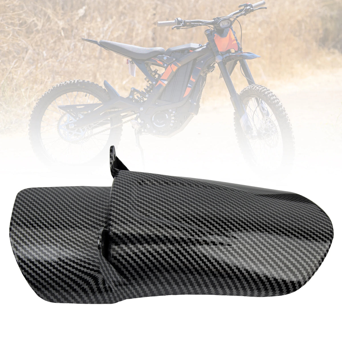 Black carbon fiber rear mudguard for a Sur-Ron Light Bee S X dirt bike.