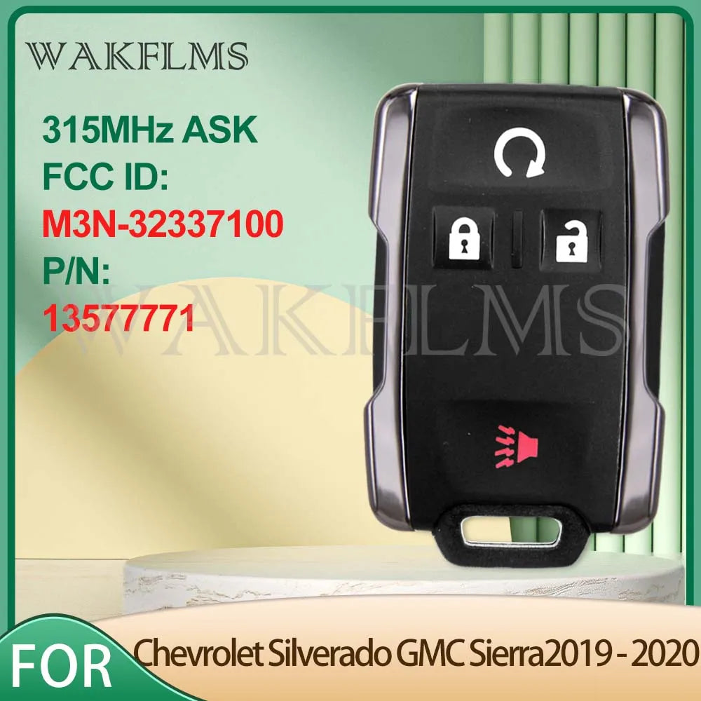 A black universal remote key for Chevrolet Silverado and GMC Sierra trucks, featuring an ASK FCC ID and part number.