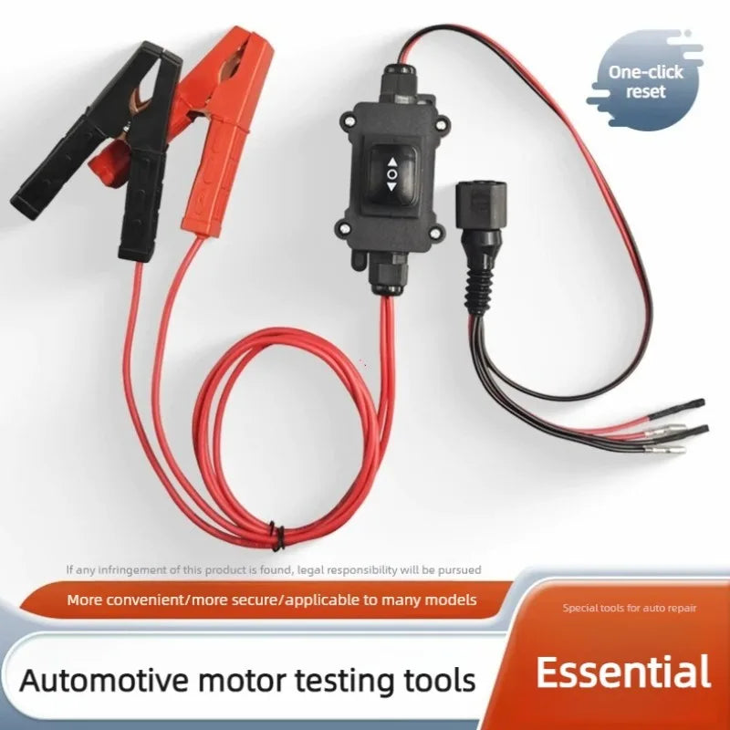 A red and black electronic parking brake caliper motor release tool with a cord, shown for automotive motor testing.