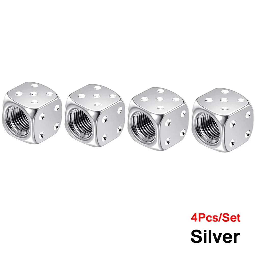 Set of four silver aluminum dice valve caps for tires