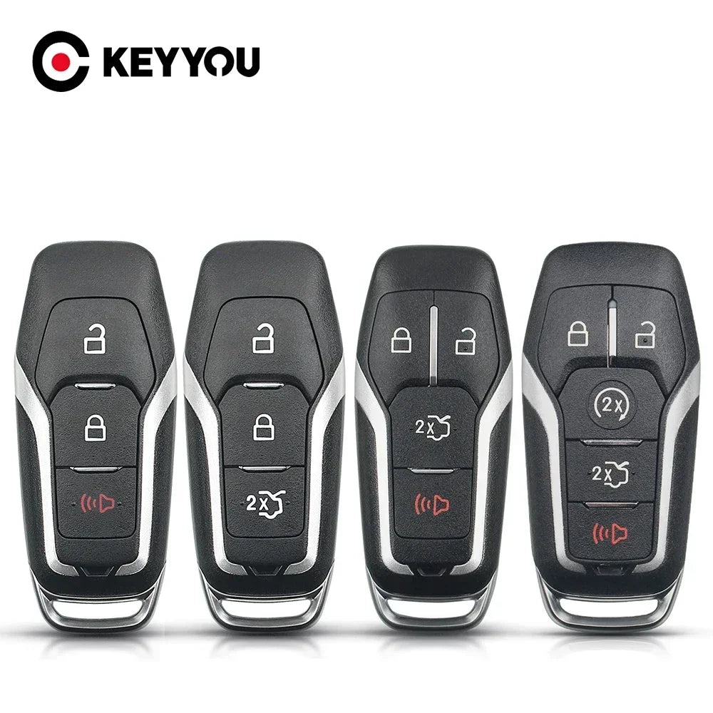 Four black key shell replacement cases for Ford Smart Key, showing various lock and button configurations.