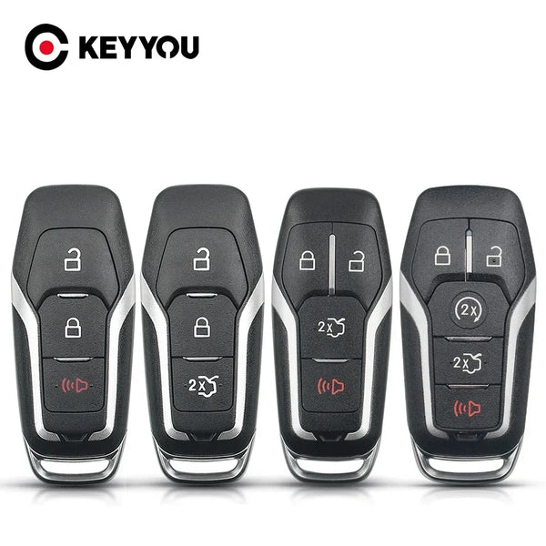 Four black key shell replacement cases for Ford Smart Key, showing various lock and button configurations.