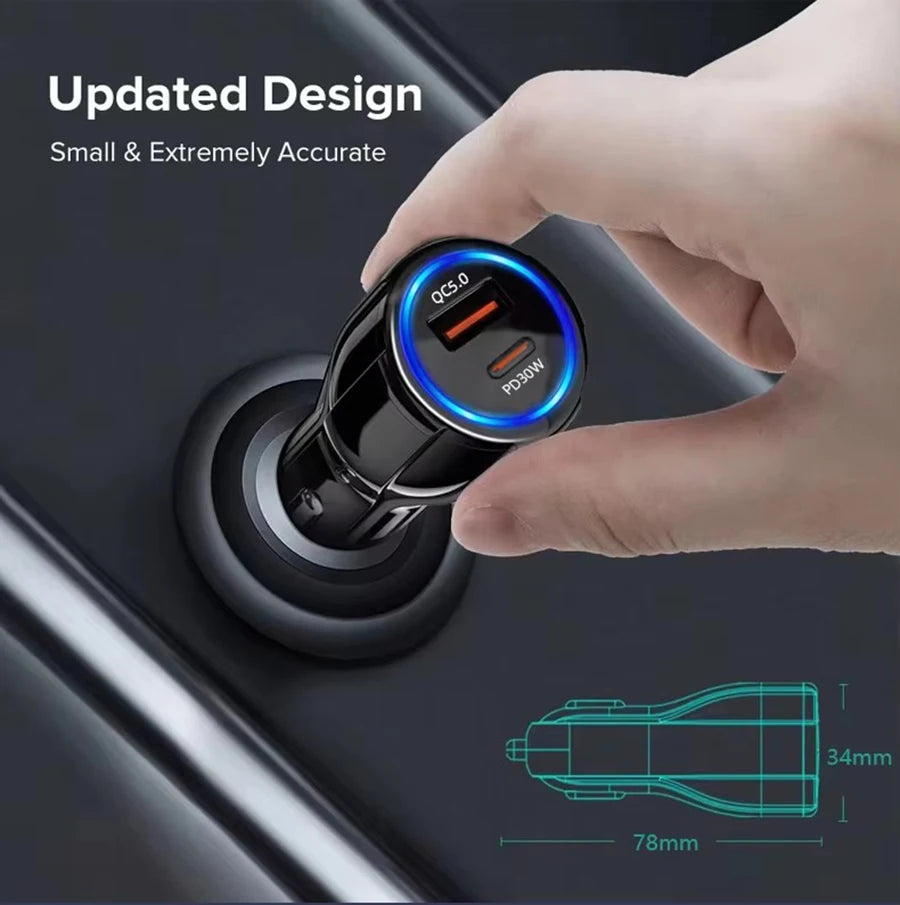 A hand is holding a black USB-C car charger with PD and QC 5.0 ports, showing its dimensions.