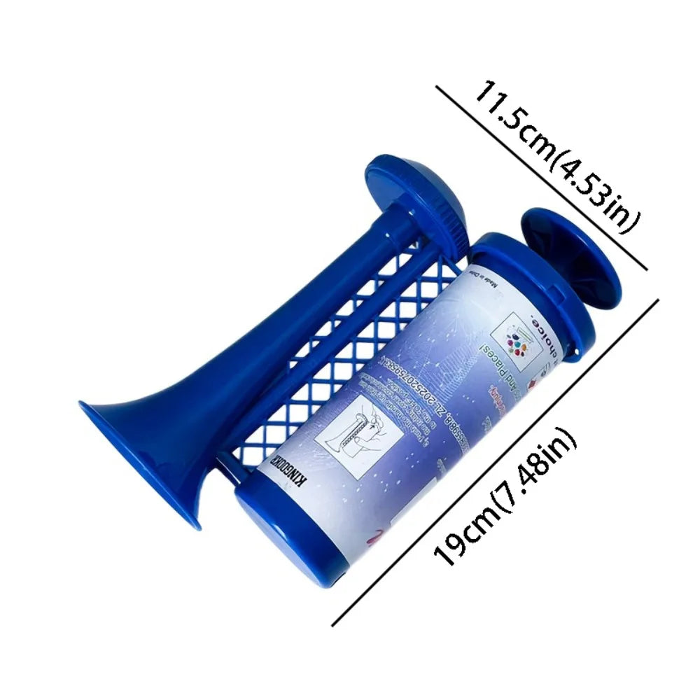 A blue portable air horn with a mesh grille and a handle, shown in a side view.