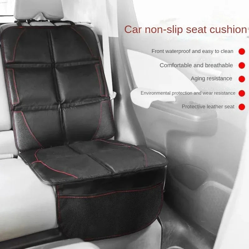 Black non-slip seat cushion protector for a car seat, featuring waterproof and protective leather materials.