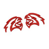 A pair of custom red car body side emblems for a Dodge Charger or Challenger.