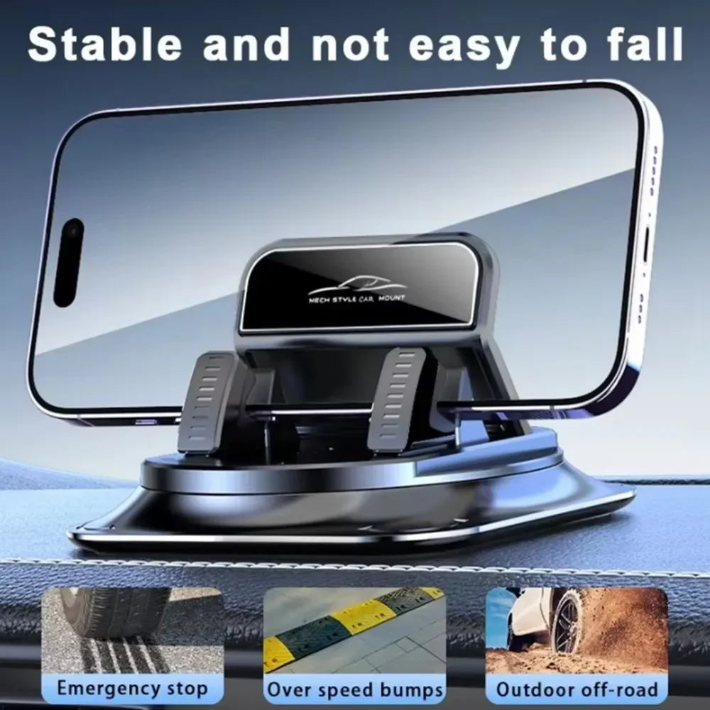 A black phone mount is shown mounted on a car dashboard, with close-ups illustrating emergency stop, overspeed bumps, and out