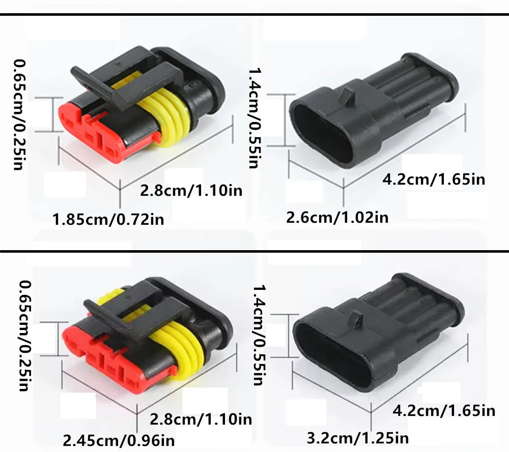 Two versions of a waterproof electrical connector kit with pre-wired leads shown in different sizes and colors.
