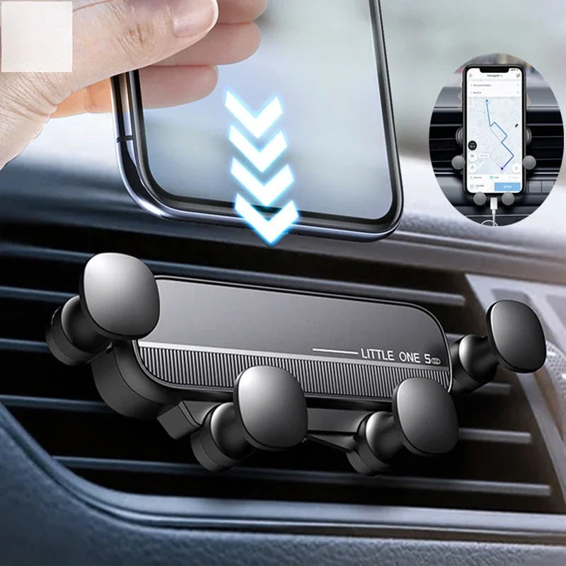 Support de téléphone noir pour expansion gravitationnelle, installé dans le conduit d'air d'une voiture avec un smartphone af