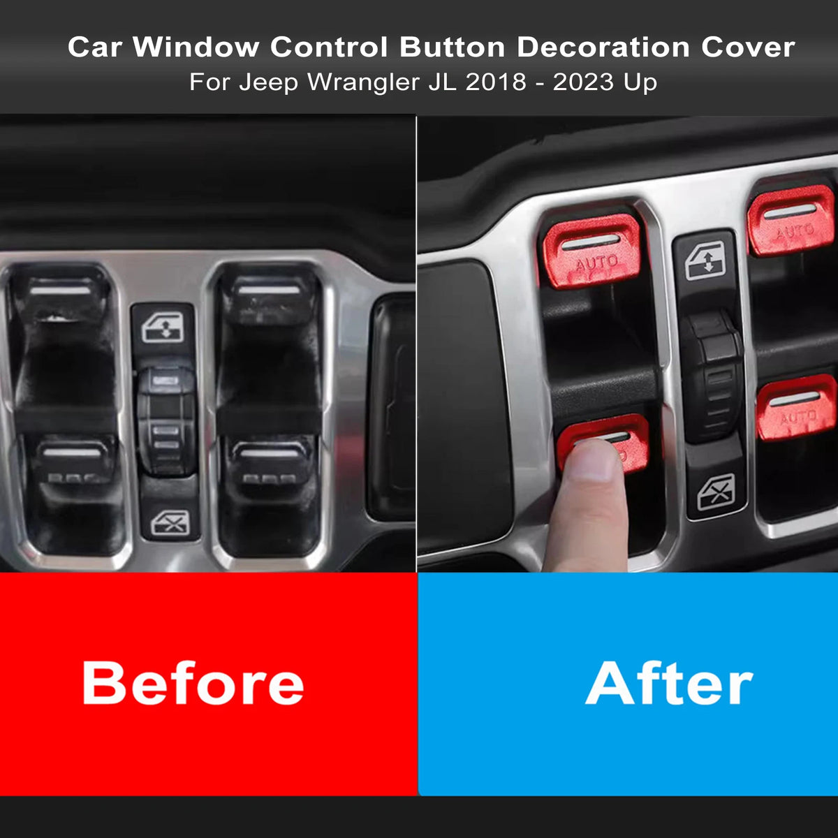 Before and after comparison of a car window control button decoration cover for Jeep Wrangler interior