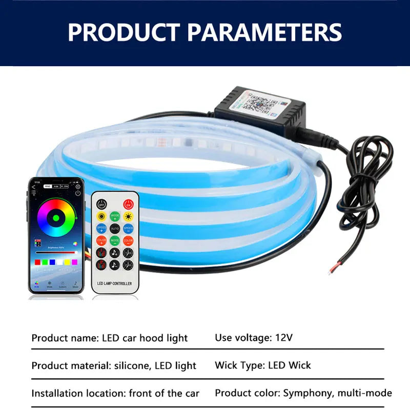 A roll of blue and white LED light strip with a controller and wire for car hood lighting.