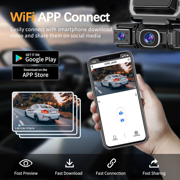 A hand holds a smartphone displaying an app interface for connecting and sharing video from a 4-camera 360° car DVR dash cam.