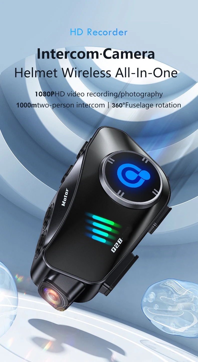 A black helmet wireless all-in-one HD recorder with a camera and intercom features a rotating fuselage.