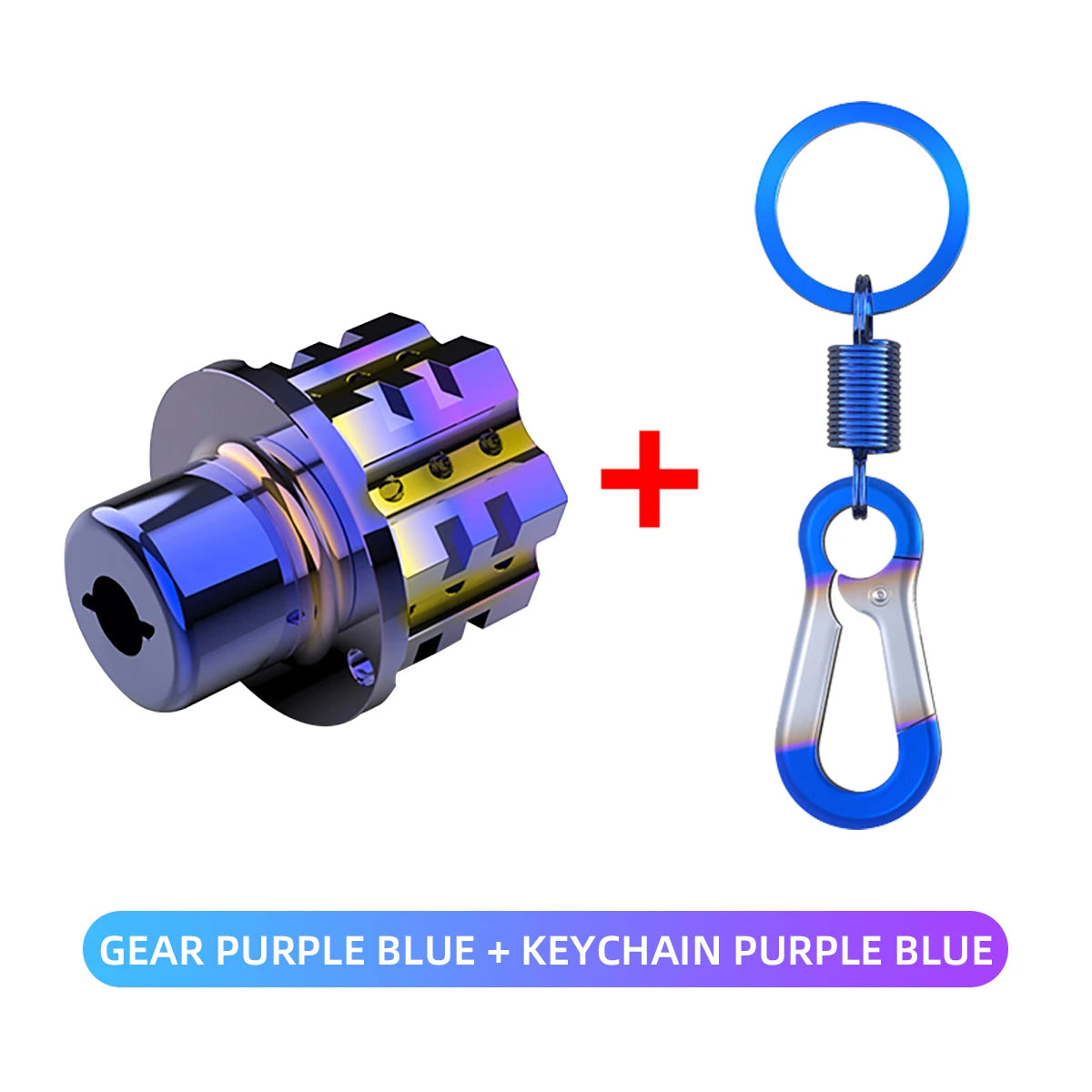 A titanium key head cover with purple and blue accents plus a purple keychain.