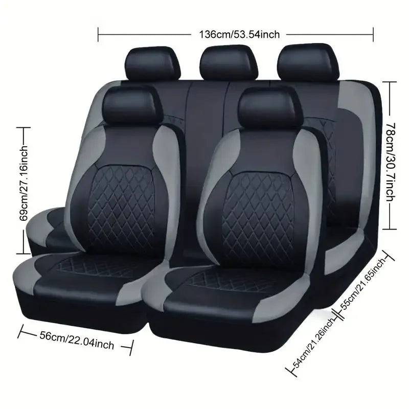 Black full coverage PU leather car seat covers with five individual seats shown from the side.