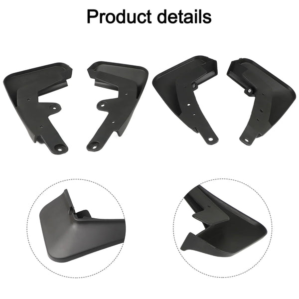 Cuatro tapones de barro negros para un Mazda CX-30, mostrados desde varios ángulos.