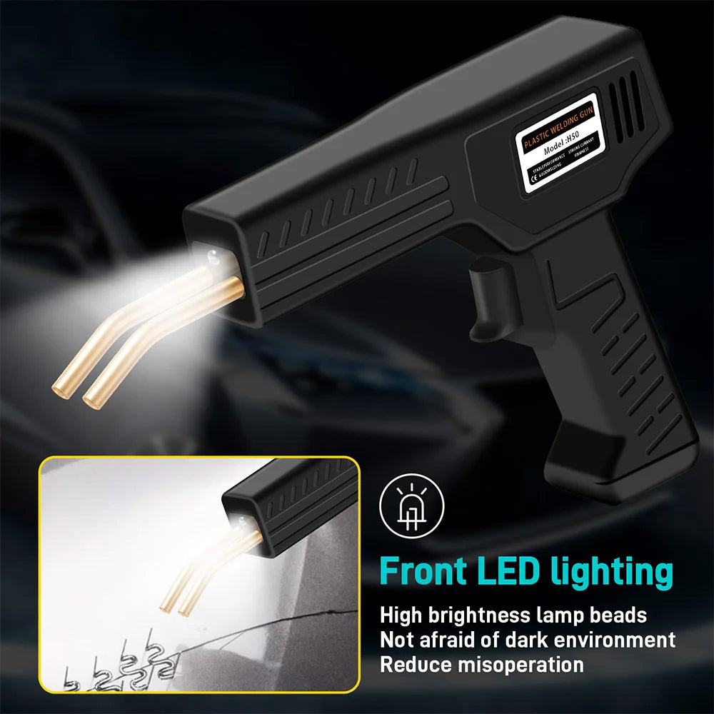 A black plastic welder with LED lighting is shown, demonstrating front LED lighting for repairs.