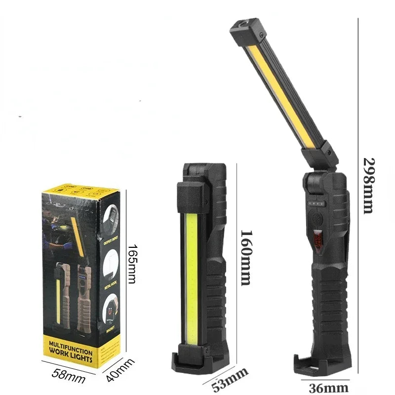 A black foldable magnetic LED flashlight shown in various dimensions and angles.