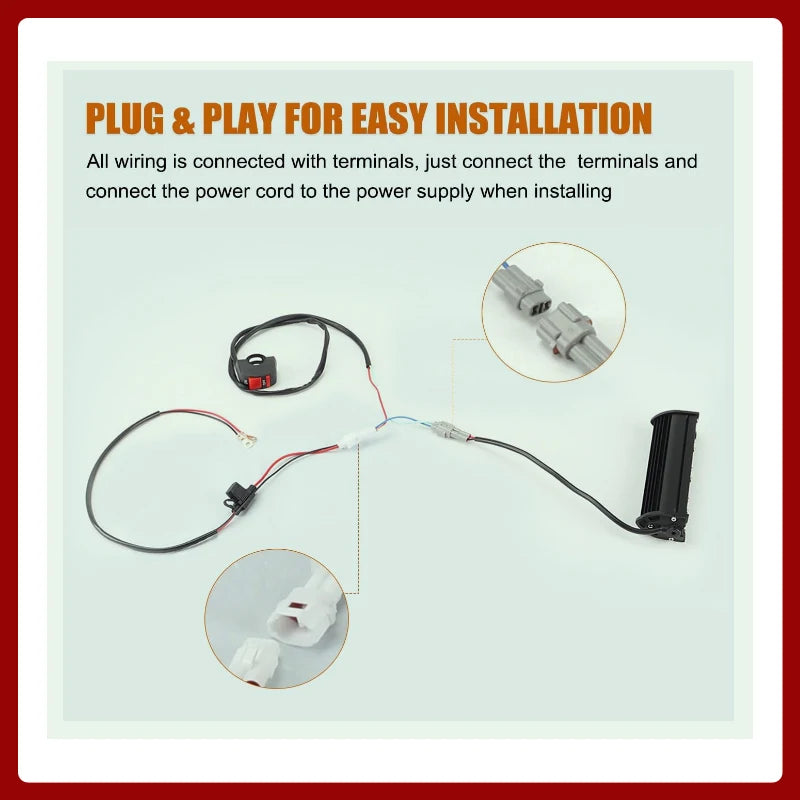 A wiring diagram showing how to plug and play install a motorcycle LED light bar kit using terminals and a power cord.