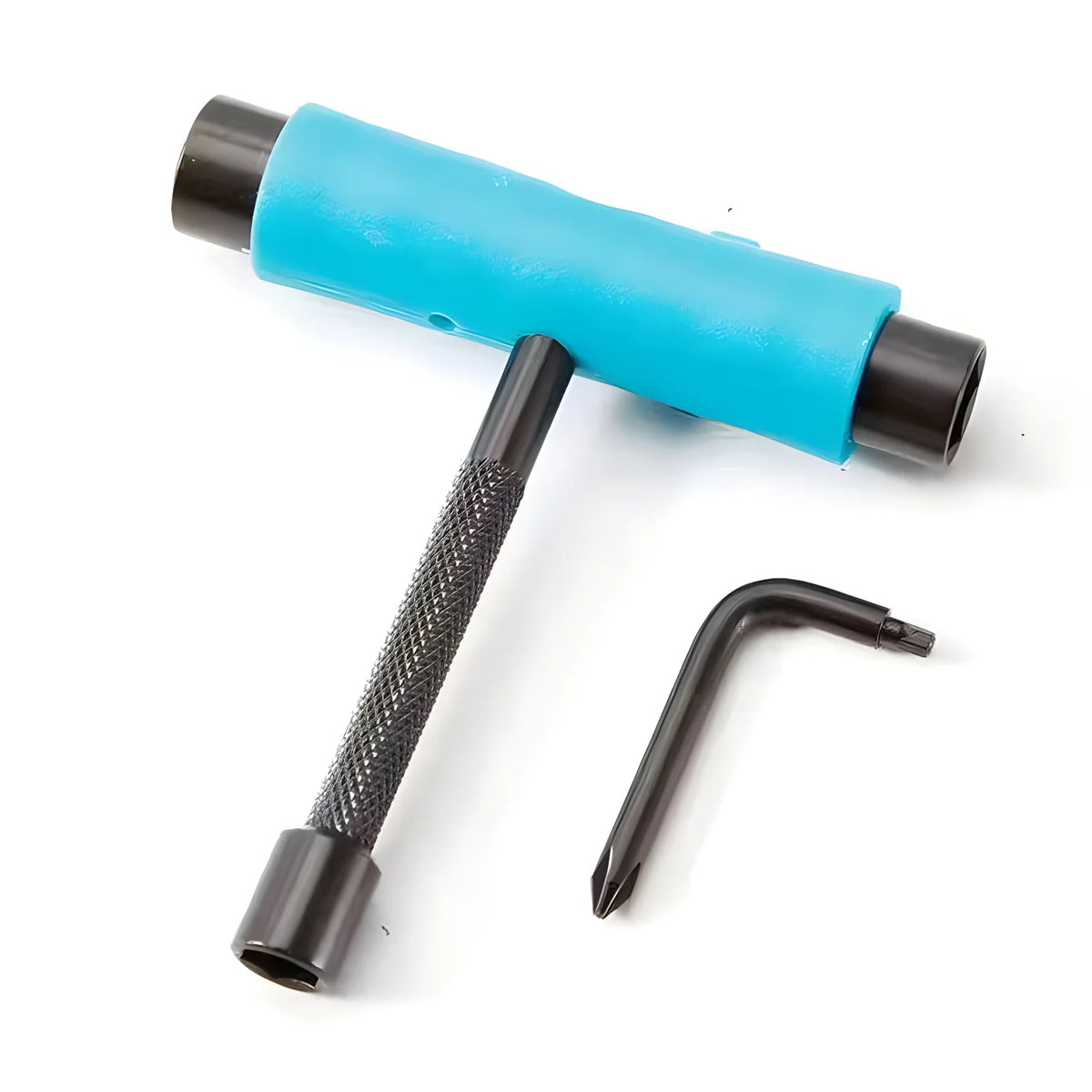 A blue and black multi-tool set with a long handle and a curved metal tool.