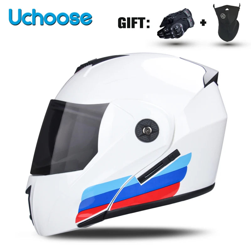 White Uchoose DOT certified double lens flip-up motorcycle helmet with a blue, red, and black stripe design.