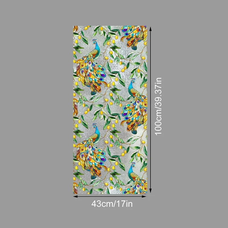 Decorative PVC stained glass window film featuring vibrant peacock patterns on a silver background