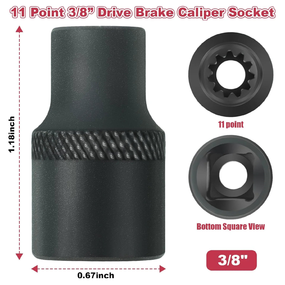 A black 11 point 3/8 inch drive brake caliper socket with a square view and dimension markings.