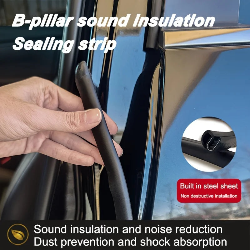 A hand is applying a black B-pillar sound insulation sealing strip to a car door frame for noise reduction and dust preventio