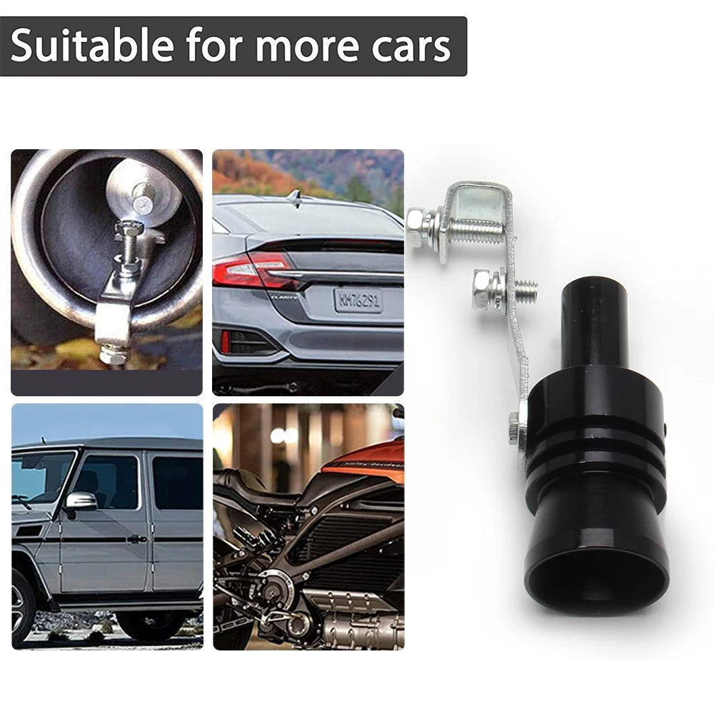 A universal car turbo sound whistle for exhaust, shown with various mounting components and application examples.