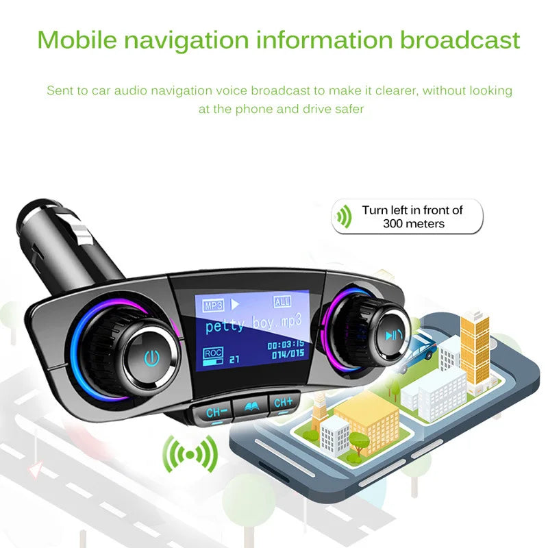 A portable Bluetooth car stereo FM transmitter device is shown broadcasting navigation information to a smartphone.