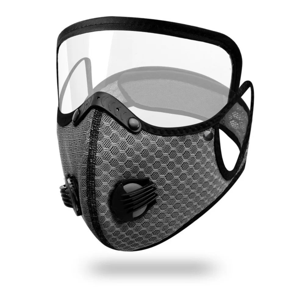 A black breathable cycling and outdoor face mask with a clear visor.