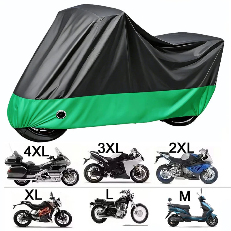 A black motorcycle waterproof protection cover is shown in various sizes, including 4XL, 3XL, 2XL, XL, L, and M.