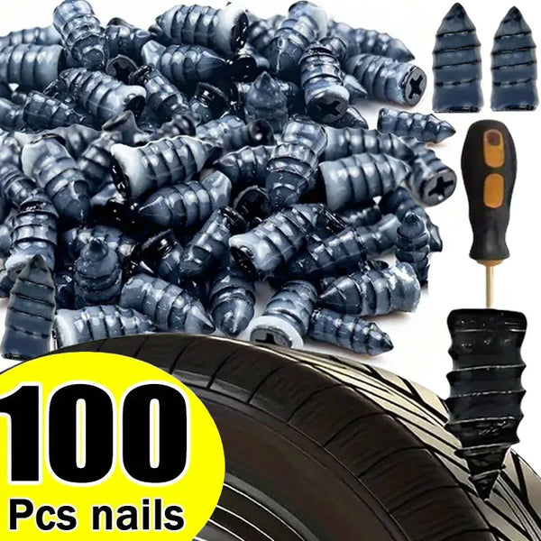 A pile of 100 black rubber tire repair nails next to a tire tread.