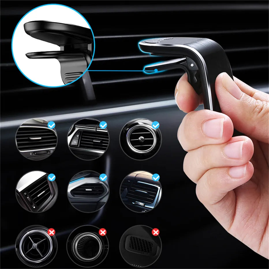 A hand is shown installing a magnetic car phone mount with an air vent clip into a car interior panel.