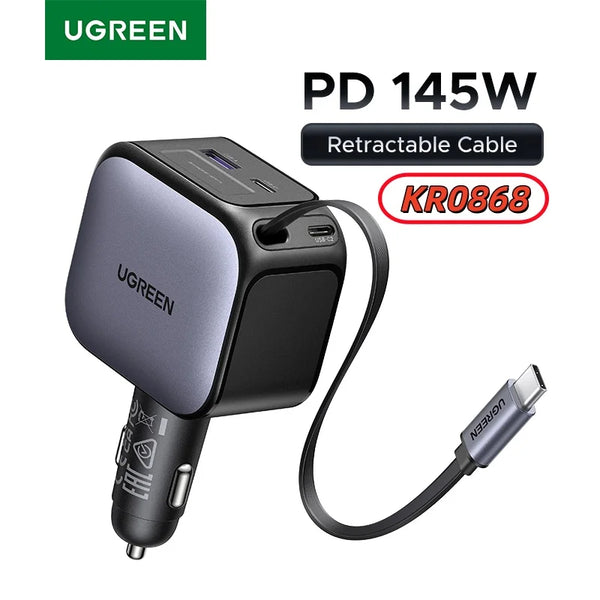 شاحن سيارة متعدد المنافذ أسود من UGREEN بقوة 145 واط مع كابل قابل للسحب وموصل KR0868.