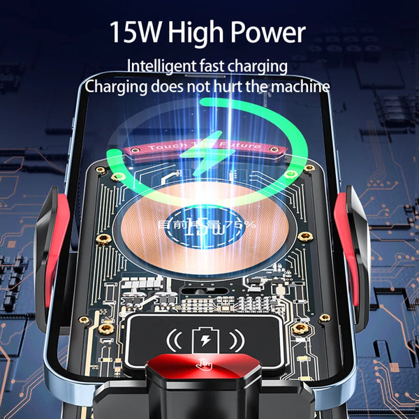 A close-up view of a magnetic wireless car charger device with an integrated charging port and power indicator.
