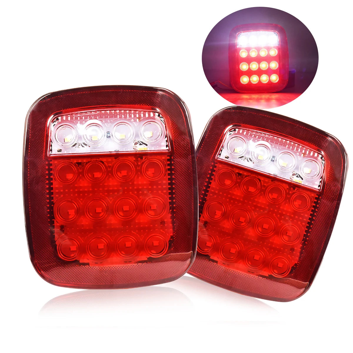 A pair of dual high-brightness red truck tail lights, one in a square housing and another in an oval housing.