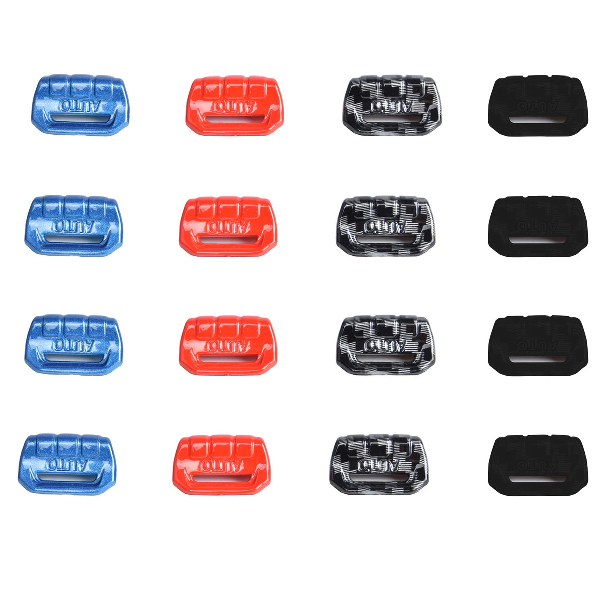 A collection of various colored and patterned window control button decoration covers for Jeep and Gladiator vehicles.