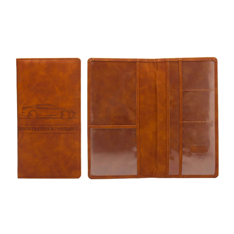 A brown leather document and ID holder with a clear plastic sleeve inside.