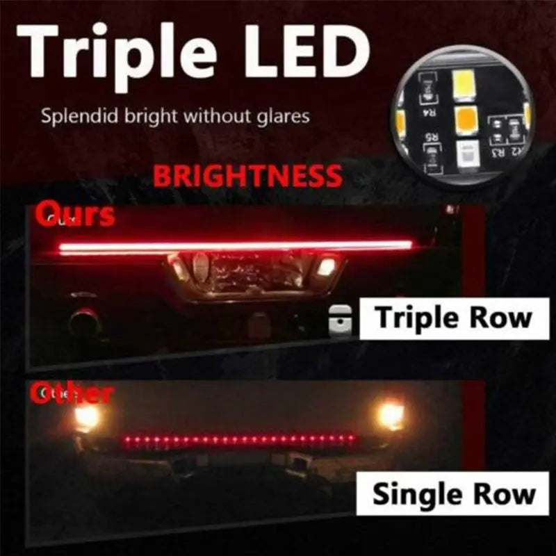 Close-up of a triple row LED light bar illuminating a vehicle's front end.