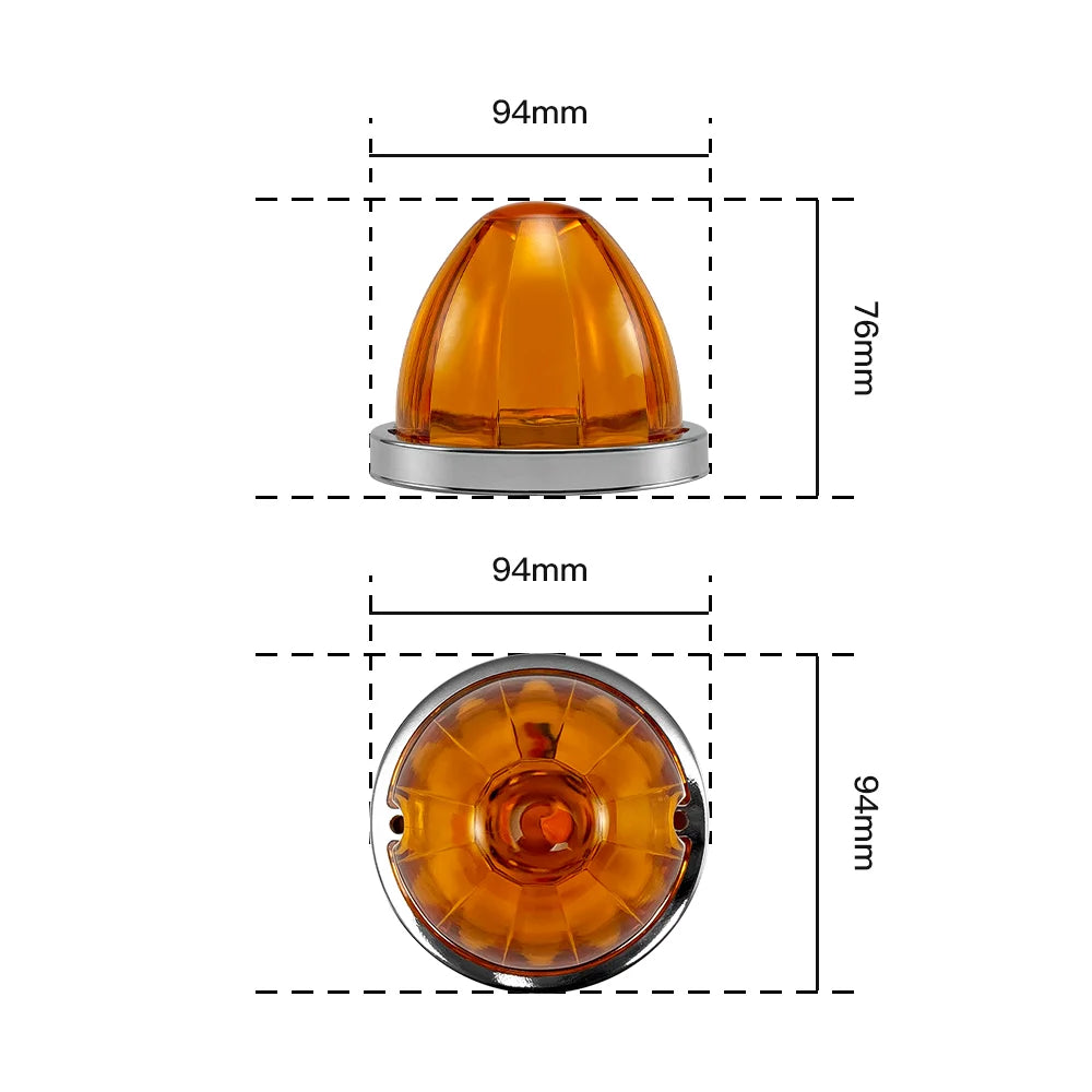 Dual watermelon LED marker lights shown in top and bottom views with dimensions.