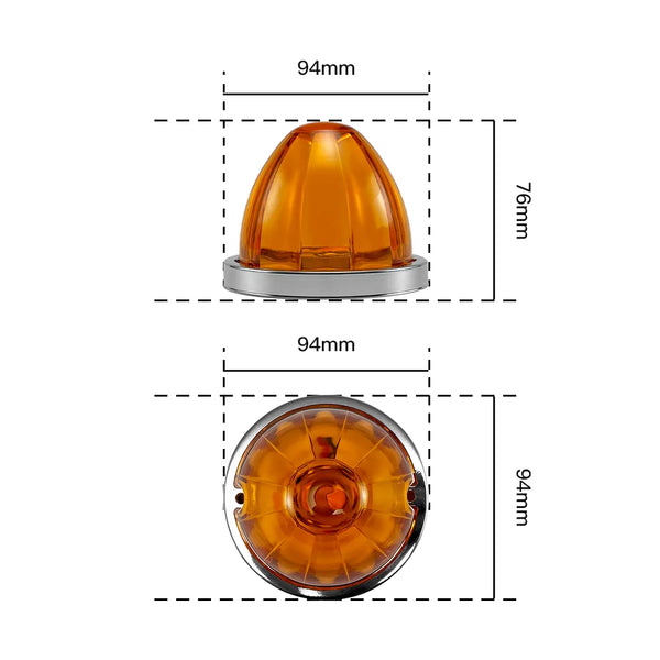 Dual watermelon LED marker lights shown in top and bottom views with dimensions.
