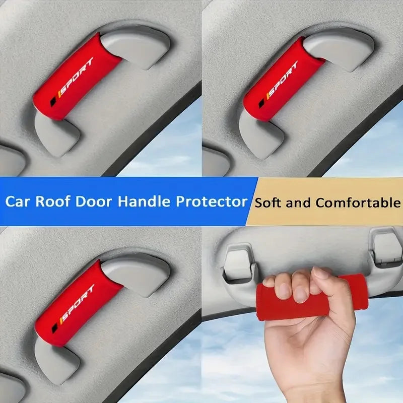 A set of red Sport car roof door handle protectors installed on a gray car interior.